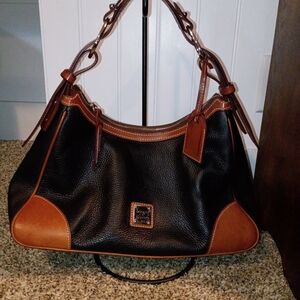 Dooney & Bourke Black Pebbled Leather Shoulder Bag with Tan Trim
